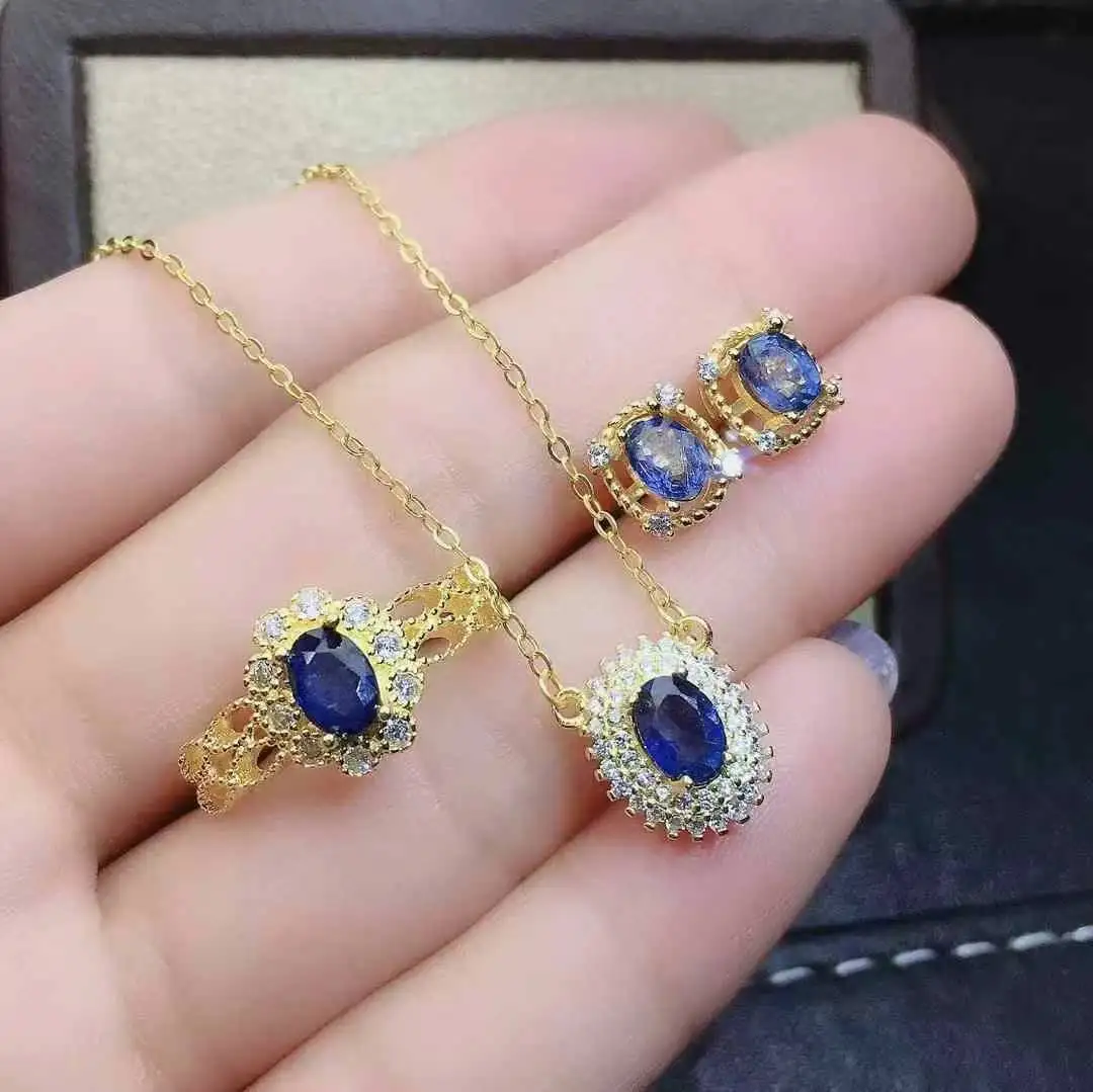 Pure Natural Sapphire Set High Quality 925 Sterling Silver Classic Women Wedding Jewelry set 1pc ring,1pc pendant,2pcs earrings