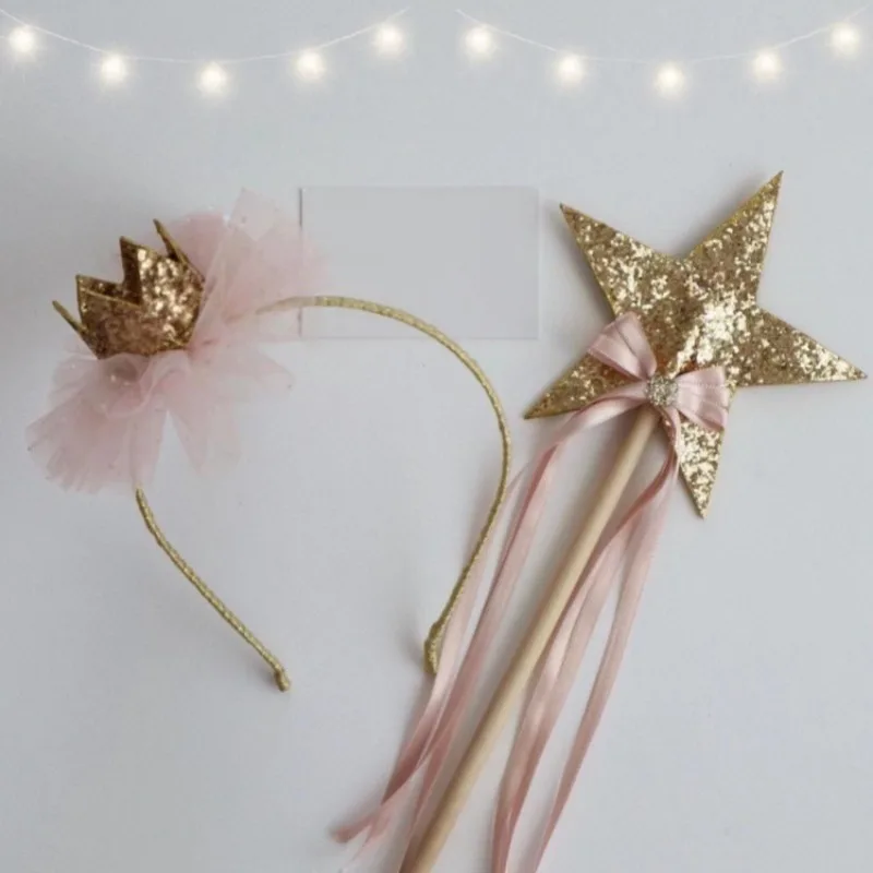 

Blue Gold Fairy Wand and Crown Headband Set Sparkle Star Magic Wand Tulle Hair Accessories Girl Birthday Party Photo Shoot S0057