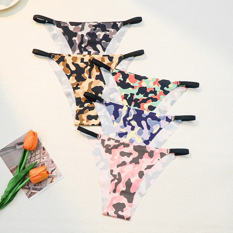 Sexy Camouflage Thong Low Waist Women's Seamless T-pants Printed Thin Strap Bikini Breathable Underwear G-Strings Femme Briefs