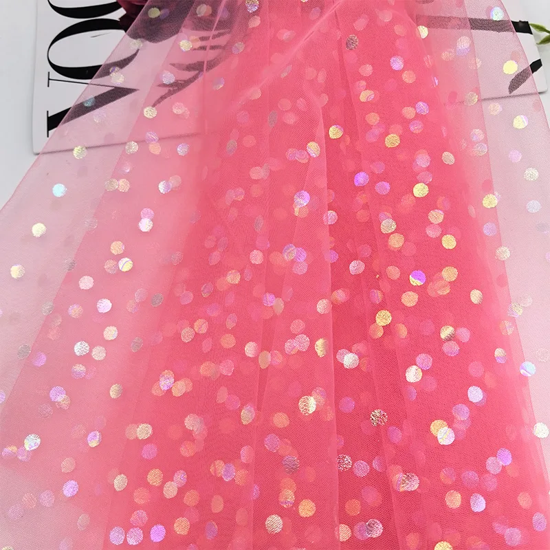5M 150Cm Wide Iridescent Dot Foil Print Tulle Net Cloth for Stage Costume Gift Wrapping DIY Decoration Fabric F146