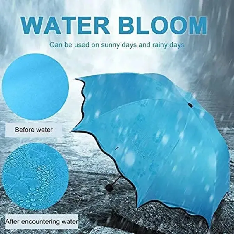 Magic Color Change Cute Flower Reveal 3 Fold Umbrella UV Block Rain Sun Parasol Portable Water Contact Pattern for Kids Women