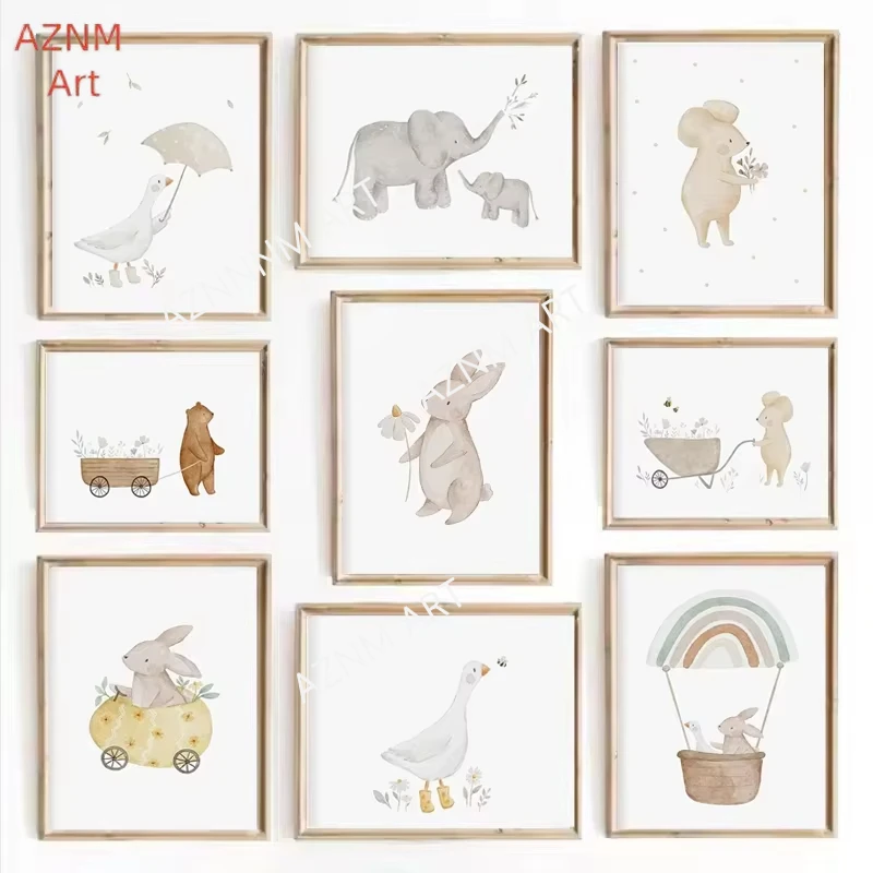 

1 шт. в стиле бохо, мультяшные фермерские животные, настенная живопись на холсте, кролик, медведь, пчела, цветы, постеры и принты, фотографии для декора детской комнаты