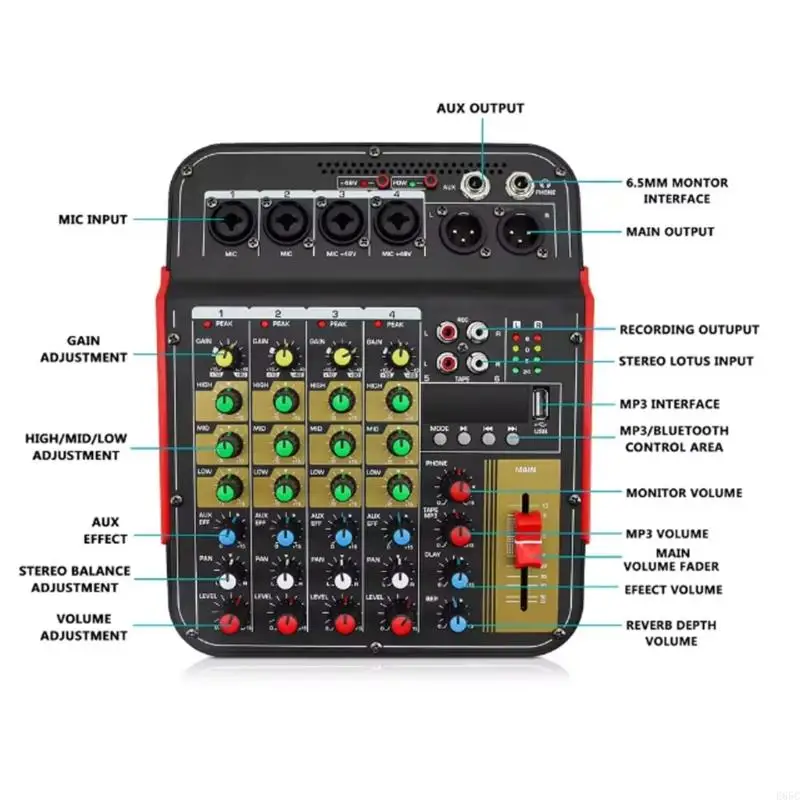 

E65C Studio 6Channel Audios Mixer 48VPhantom Power for Home Recording System