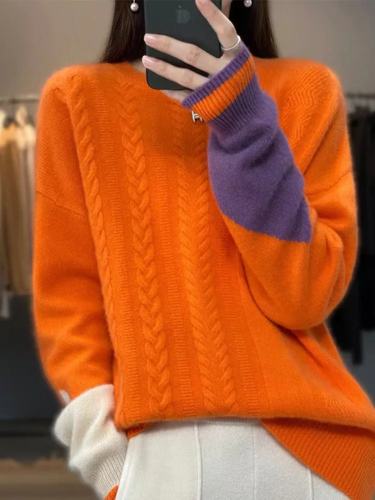 

Autumn and winter new style contrasting sleeves, round neck pullover, unique design, fashionable women's sweater