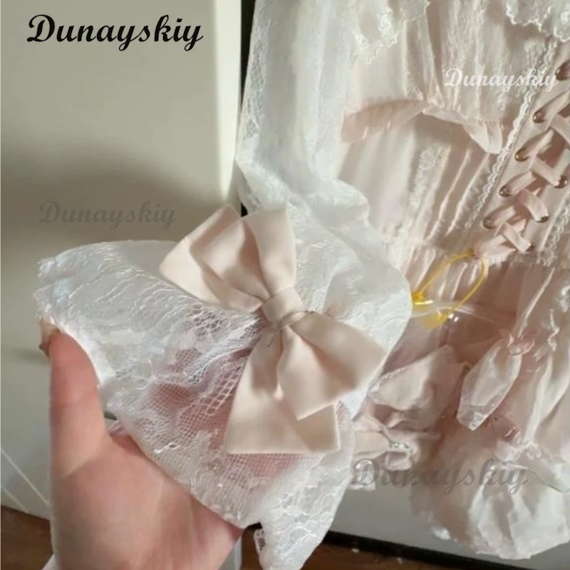Jirai Kei  Japanese Sweet Cute Lolita Short-sleeve Dress Women Girls New Summer Slimming Height-enhancing Ruffle Trim Bow Dress view 3