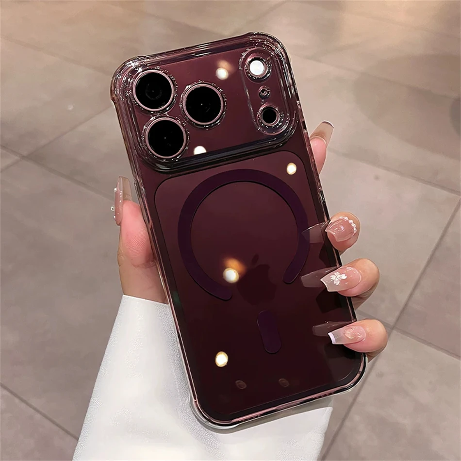 Funda magnética de lujo para iPhone 18 y 17 Pro Max, de color burdeos, transparente, resistente a los golpes y con protección para la carga inalámbrica MagSafe.