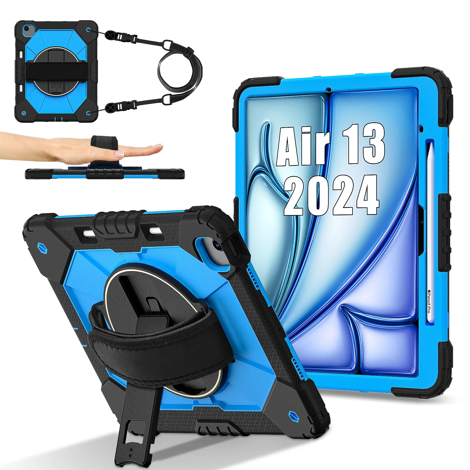 360 Rotatable Heavy Duty Case For iPad Air 13 2024 M2 Model A2903 A2898 A2904 Hybrid Stand Cover Anti-Slip With Shoulder Strap