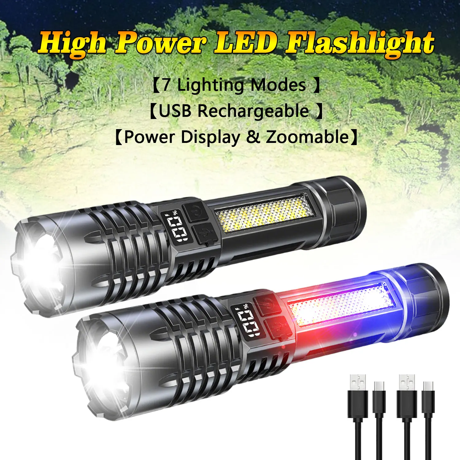 USB Rechargeable LED Flashlight With LED Built In 18650 Lithium Battery Waterproof Camping Light Zoomable Torch