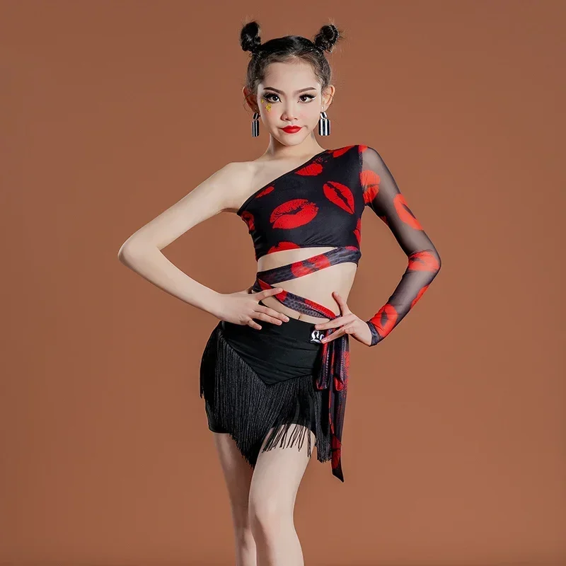 

2025Single Sleeve Tops Tassel Skirt ChaCha Dancing Clothes Children Samba Tango Practice Wear Girls Latin Dance Costume Outfit