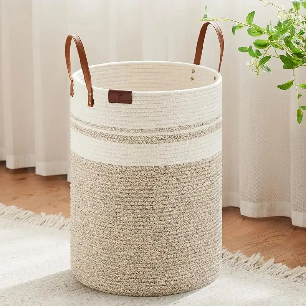 

Big Dirty Clothes Basket, Leather Handle, Woven Rope Blanket Storage Basket Closet Organizer Storage Containers