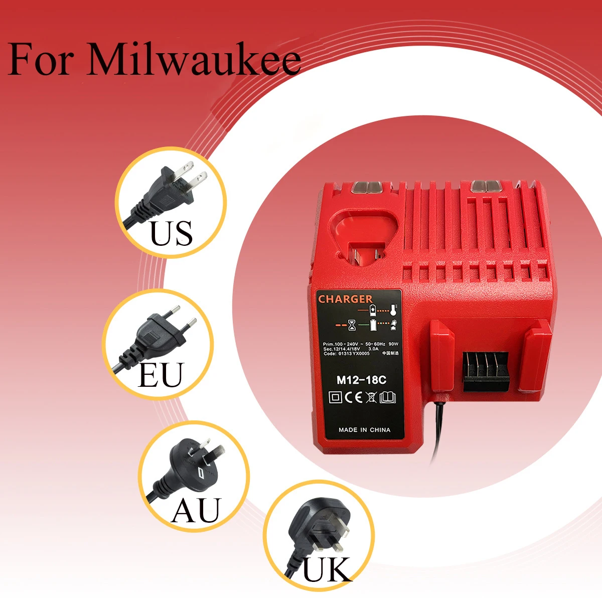 

Battery Charger for Milwaukee M12-18/N14-18 Dual Port Charging 12V-18V 3A Rapid Charger US/EU/ AU/UK Plug with LED Indicator