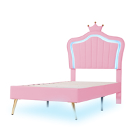 Children's bed paddled bed 90x200 cm bed frame for girls pink crown double bed frame made of PU leather with LED lights