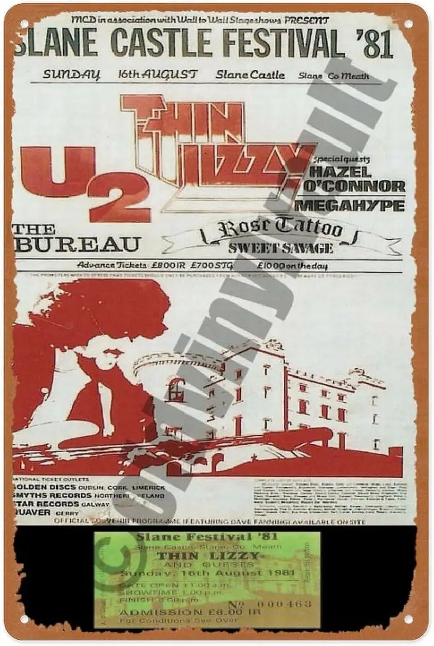 Vintage Metal Sign - Thin Lizzy Vintage Concert + Ticket Slane Castle 1981-8x12 Inch Wall Art for Garage, Man Cave, Game Room, C