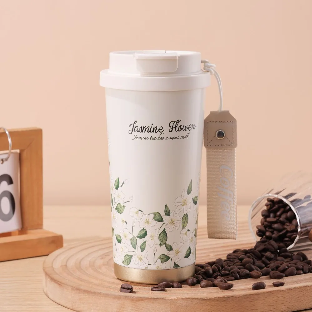

Durable Stainless Steel Flower Thermos Mug 500ml Capacity with Straw Vacuum Flask Leak-Proof Insulated Water Bottle Office Use