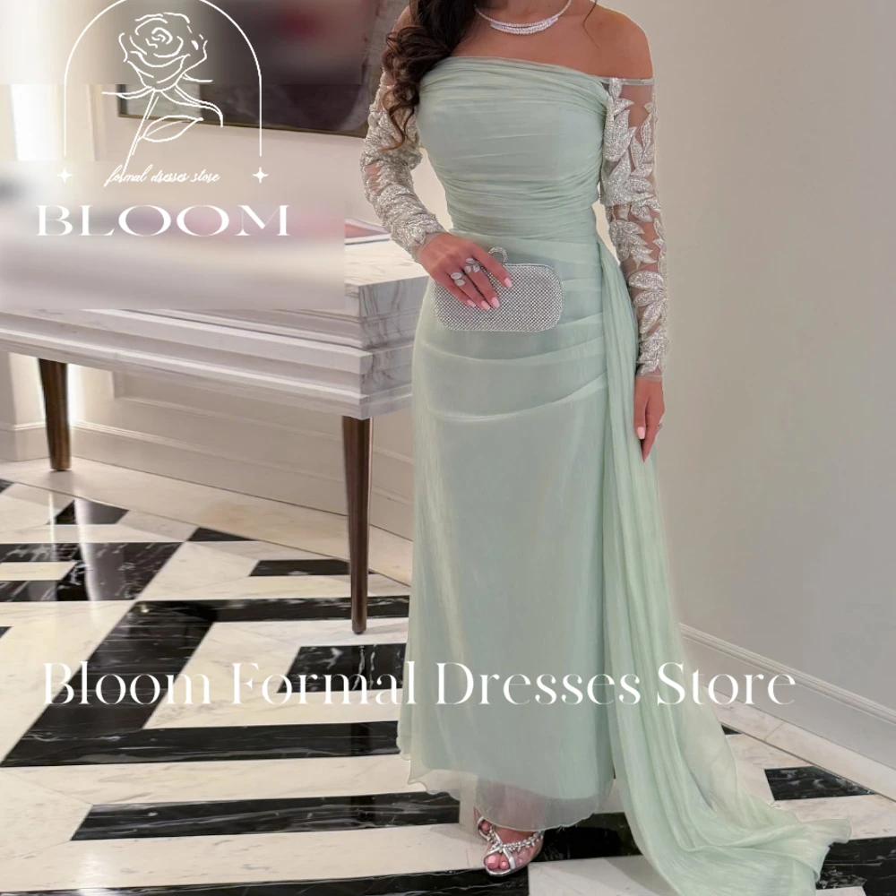 Bloom Customized Off Shoulder Zipper Back Boat Neck Solid Color Crystal Sequined Panel Train Dresses For Formal Occasions Woman