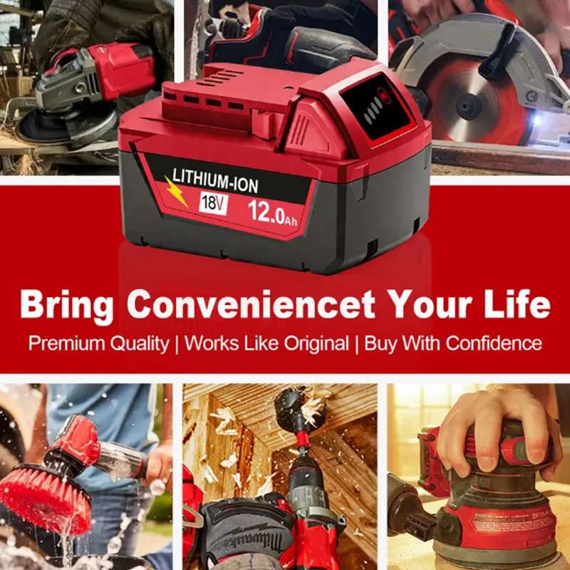 M18 For Milwaukee 18V Power Tool Battery, Charger BR XC M18B5 48-11-1860, Built-in 18650 Power Tool Battery 6.0Ah/9.0Ah/12.0Ah