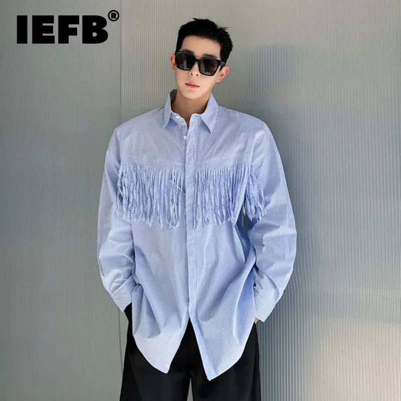 IEFB Korean Style Menwear Striped Male Shirts Tassel Patchwork Men's Long Sleeve Turn-down Collar Top Casual 2024 Autumn 9C5545