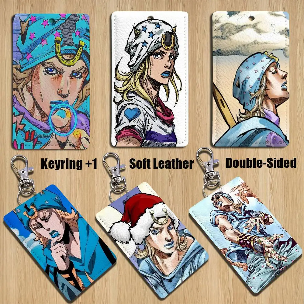 

cute J-Johnny Joestar Jojo COOL Rectangle ID Card Case Keychain Access Card Bag Key Tag Ring Leather Card Holder Key Ring Access