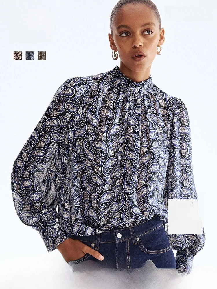 

Spring Women's Stand Collar irt H&M Casual Sle Long Sve Polyester Fiber Regular Thin Print Pattern Fitted irt