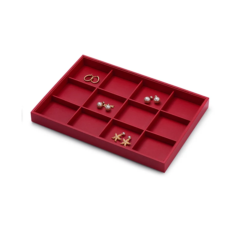 Oirlv Red Jewelry Tray Display Leather Ring Necklace Bracelet Display Grids Organizer Stackable Jewelry Display Tray Red Trays
