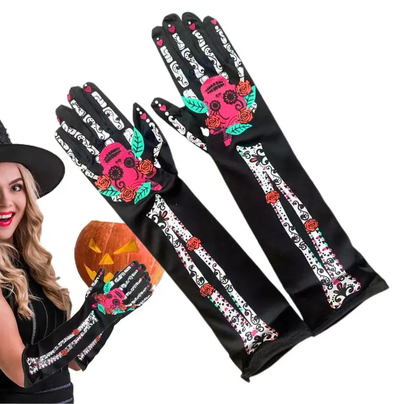 Ghost Claw Black Skull Gloves Halloween Cosplay Skeleton Gloves Breathable Skull And Hand Bone Pattern Long Gloves For Holiday