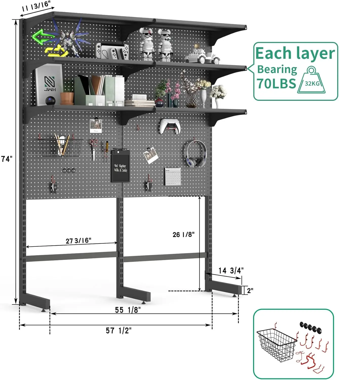 DDB Gaming Pegboard Standing Shelf Units Modular Pegboard and Shelf System with 15 Pieces Organizer Tool Holders