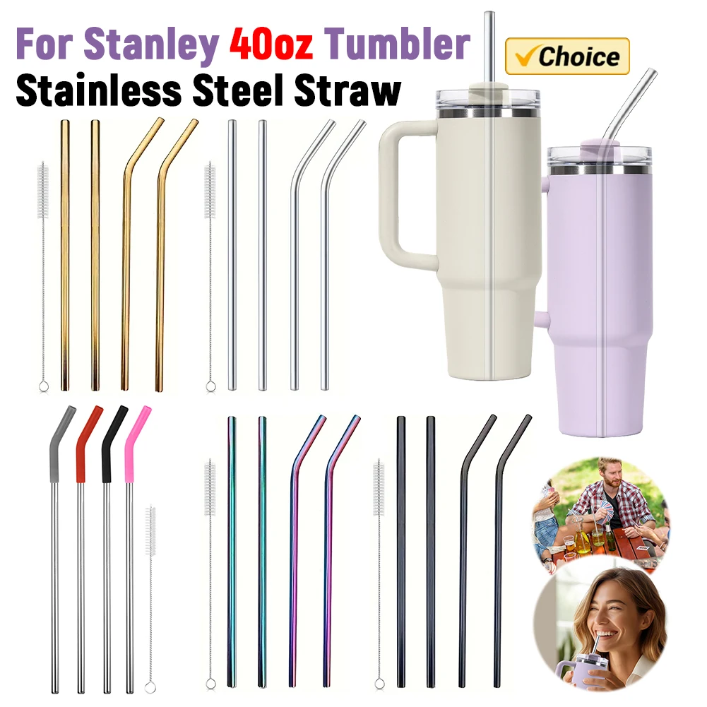 4Pcs Stainless Steel Straw with Cleaning Brush Replacement Straw Long Straws for Stanley 40oz Cup Accessories