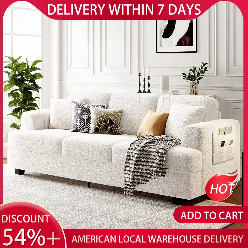 

Deep Seat Sofa 89 Inch with Throw Pillow, Modern Sofa, Couches for Living Room, Comfy Sofa, Sleeper Couch, Bouclé, Offwhite