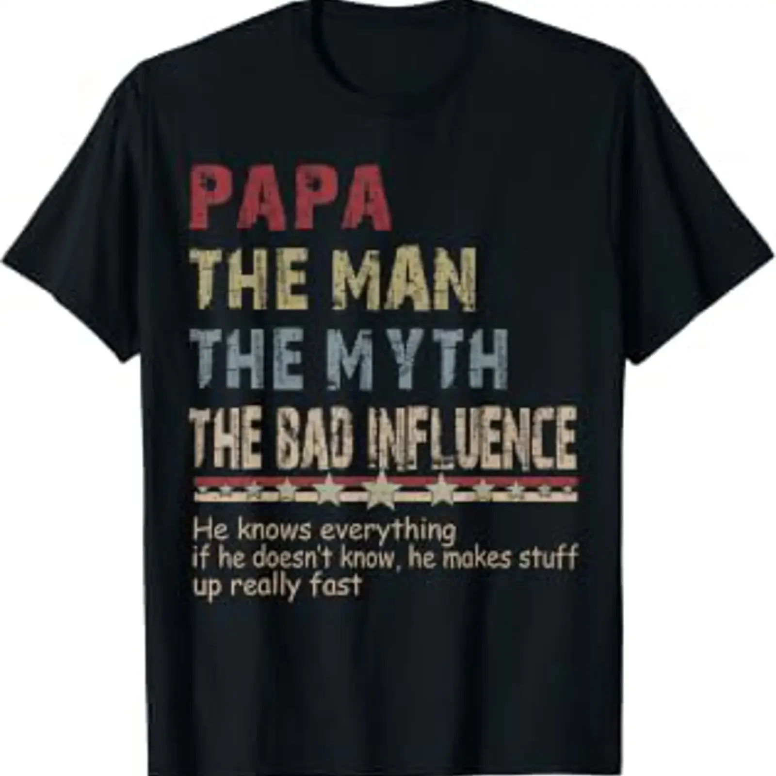 Papa The Man Myth Bad Influence T Shirt Fathers Day vintage Washed Comfortable homme Casual Breathable Versatile graphic