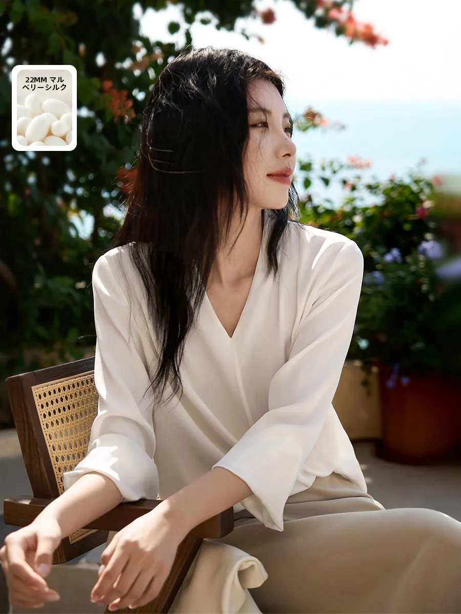 

Elegant V-Neck Silk Shirt Women's Spring Style Overhead Long Sleeve Casual Wear Comfortable Breathable Pure Color OL Style