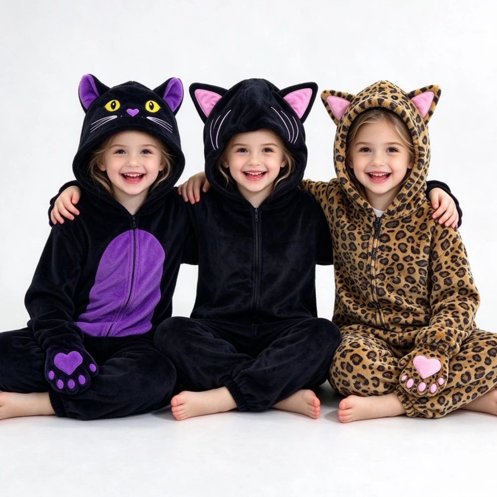 Animal Cartoon Pajamas for Kids Winter Toddler Boys Pijamas Kigurumi Onesies Cat Leopard Teens Girls Pyjamas Children Loungewear