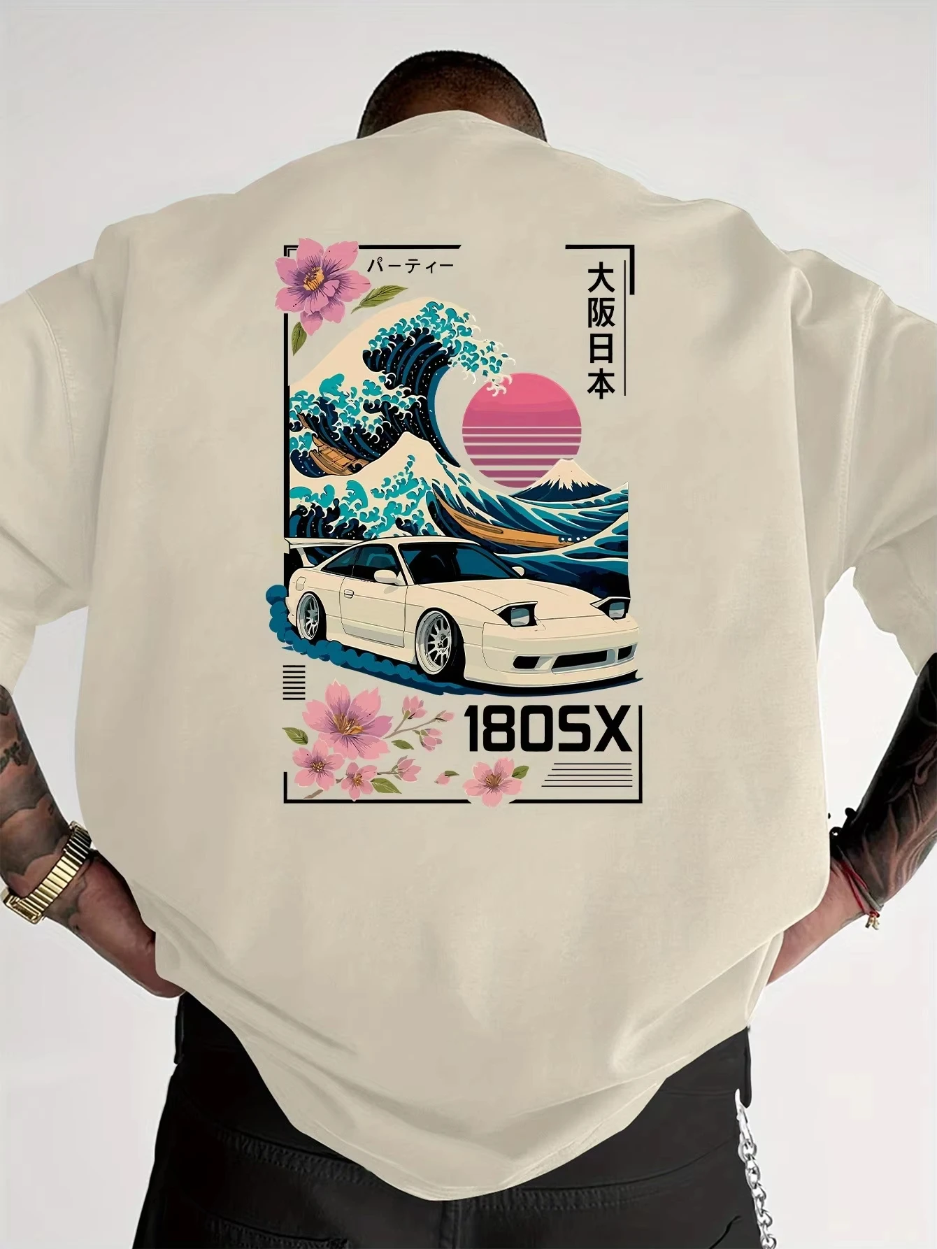 Neues Herren-Kurzarm-T-Shirt mit japanischem Ukiyo-e JDM-Autokultur-Trend-Print, lässige Streetwear, vielseitig einsetzbar – Detail 6