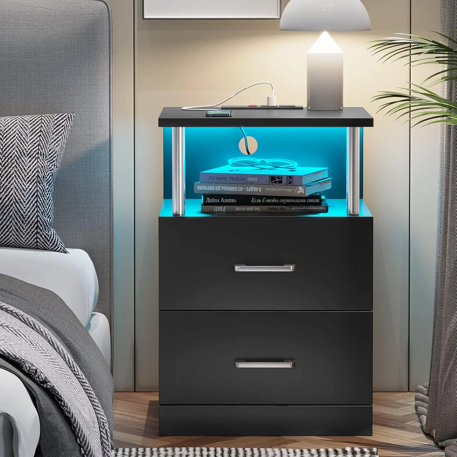 Nightstand with Charging Station & LED Lights Set of 2, Bedside Table with Storage & 2 Drawers, USB Ports & Outlets, End Table f