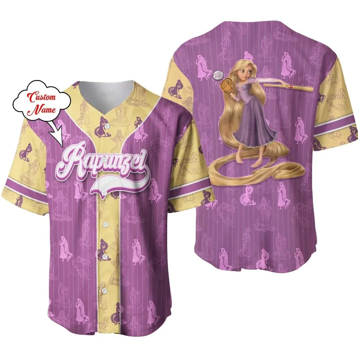 

Rapunzel Princess Tangled Baseball Jersey Men Women Baseball Uniforms Custom Name Disney Cartoon Graphic Casual Baseball Jersey