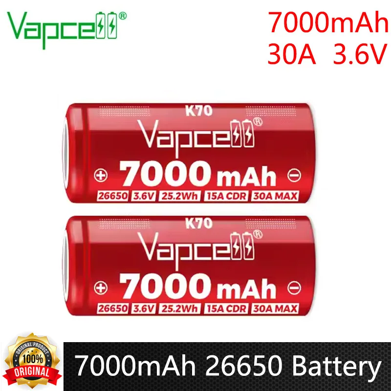بطارية Vapcell K70 26650 الأصلية 7000mAh CDR 15A Max 30A قدرة عالية 26650 خلية بطارية ليثيوم أيون قابلة للشحن