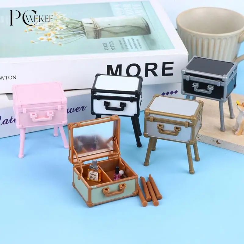 1Set 1:12 Dollhouse Mini Vanity Cosmetic Case Lipstick Perfume Air Cushion Mirror With Holder Furniture Decor Play House Toys