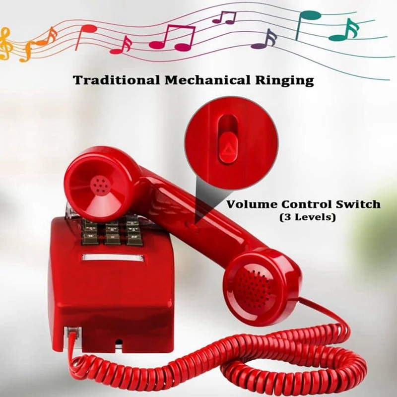 Classic Wall Phones For Landline With Mechanical Ringing, Single Line 2554 Wall Telephone With Voicemail Indicator Durable Red