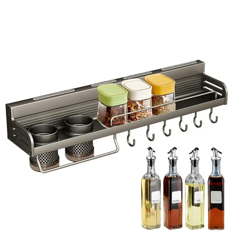 

Kitchen Wall Rack Organizer Wall Mounted Storage Racks Tableware Shelf With Hooks Seasoning Jar Storage No Drilling For Women