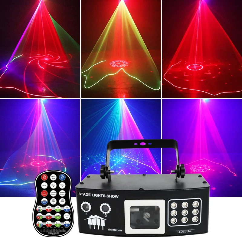 12 lenti DJ Disco Party Stage Light Strobe Laser LED con telecomando Suono DMX RGB per interni Bar KTV Music Show Feste