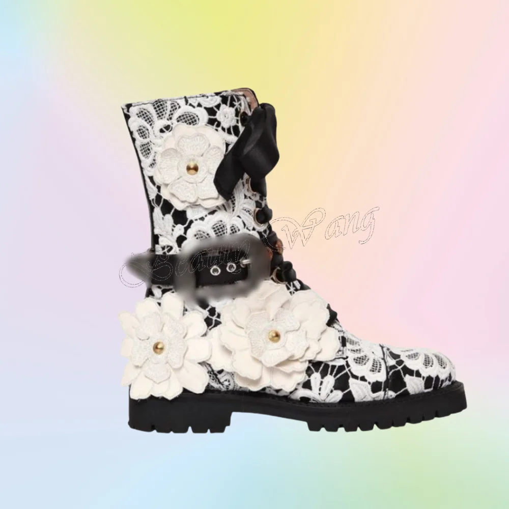 

Black Flower Decor Ankle Boots Belt Decor Lace up Round Toe Shoes Square Heel Shoes for Women Shoes 2025 Zapatos Para Mujere