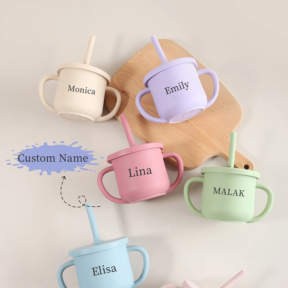 

1pc personalised name baby silicone cup 210ml silicone double ear cup laser name