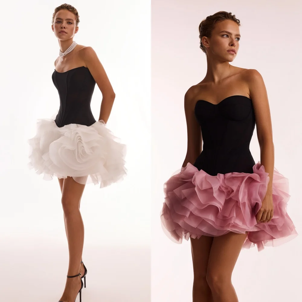 Customized Fashion Jersey Handmade Flower Pleat Ruched A-line Strapless Short Dresses Bespoke Occasion Dresses Sexy Casual