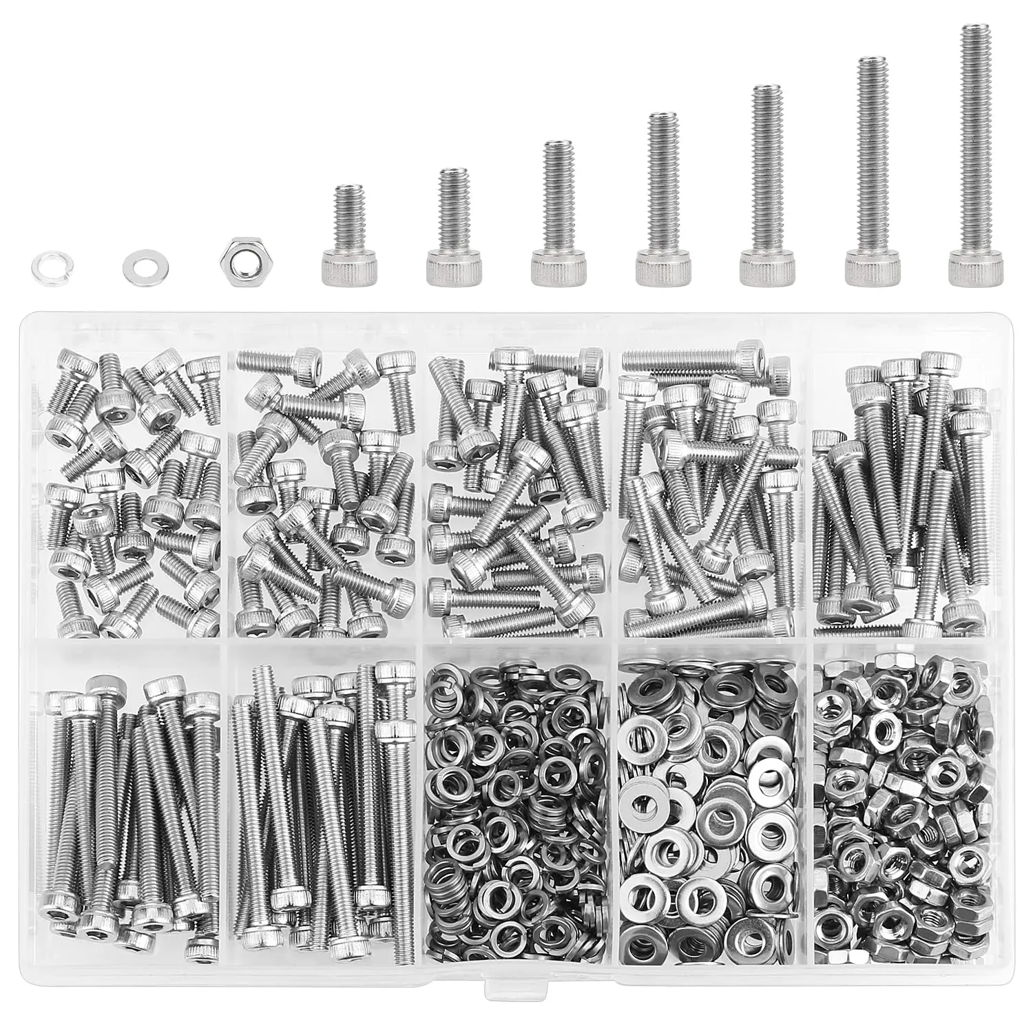 

540 pieces of M3 x 6 - 30mm hexagonal head screws, nuts, washers and locknuts, 304 stainless steel