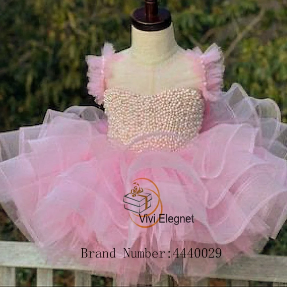 Charming Pink Flower Girl Dresses with Beading Tiered Sleeveless Sparkle Wedding Party Gowns Tutu 2023 Summer فساتين للحفلات الر