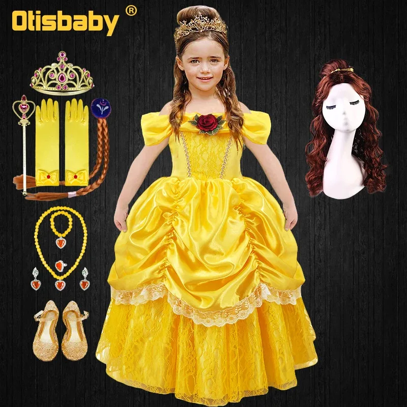 

2024 New Beauty Girls Pleated Belle Princess Dress Halloween Children Rose Lace Flower Birthday Party Cosplay Carnival Costume