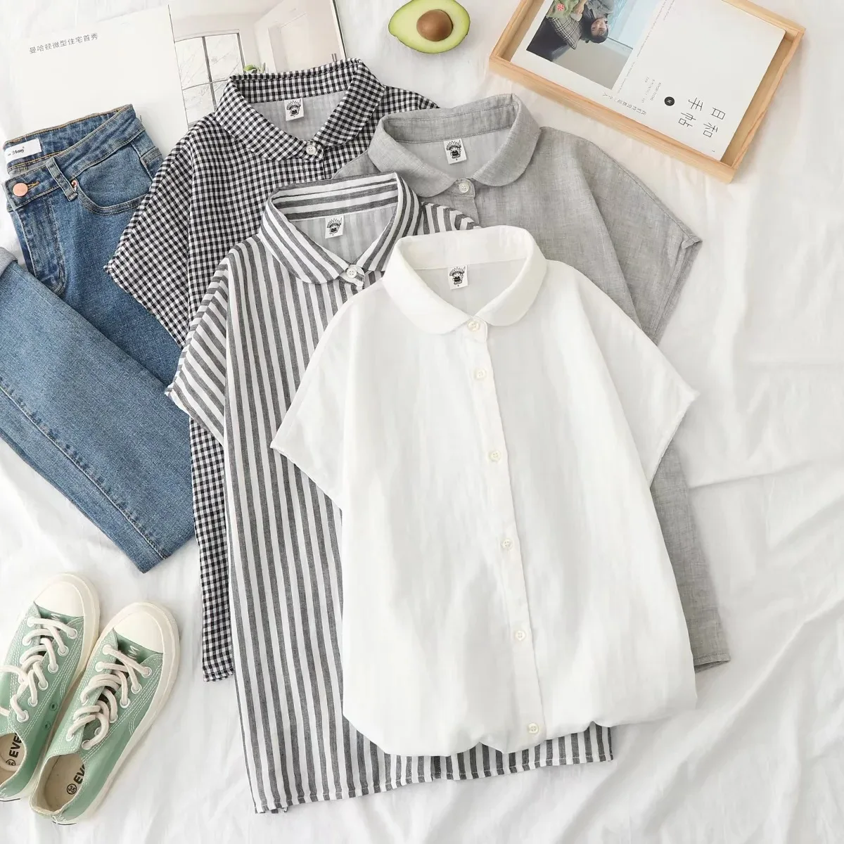 Summer Double Layer Cotton Thin White Shirts Female Short Sleeve Tops Round Collar Solid Colors Loose Blouse New 2023 T35428M