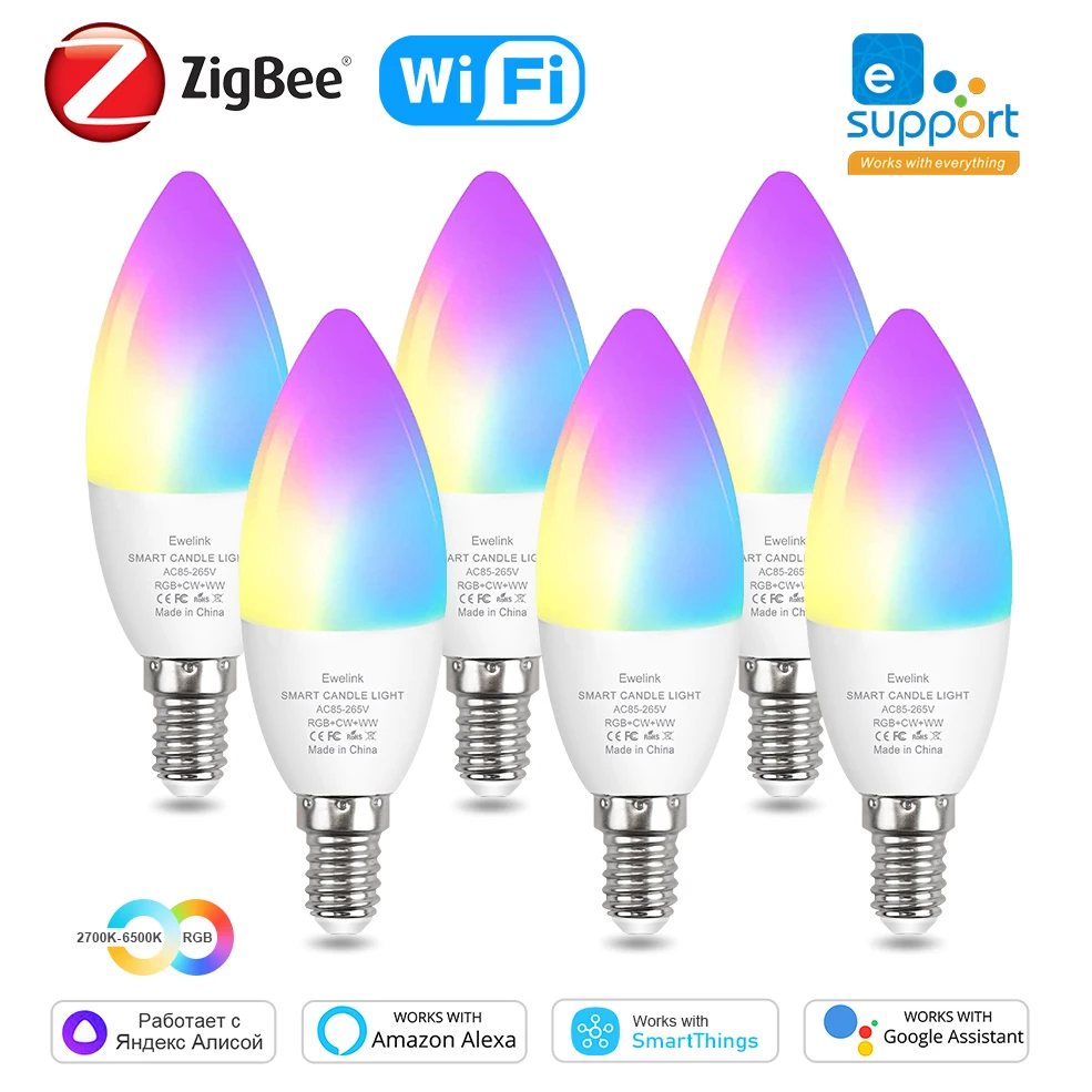 Smart WiFi E14 LED Bulb ZigBee Candle Light Bulbs 110V 220V RGB LED WW CW Lamp Works With Ewelink Alexa Google Home Yandex Alice