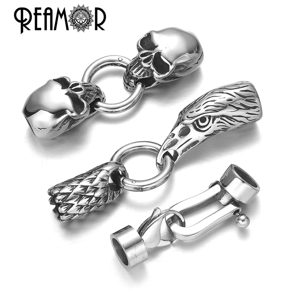 REAMOR 7/8mm Stainless Steel Eagle Skull Wolf Head Connectors For Round Leather Bracelet Jewelry Making DIY Bangle Metal Clasps