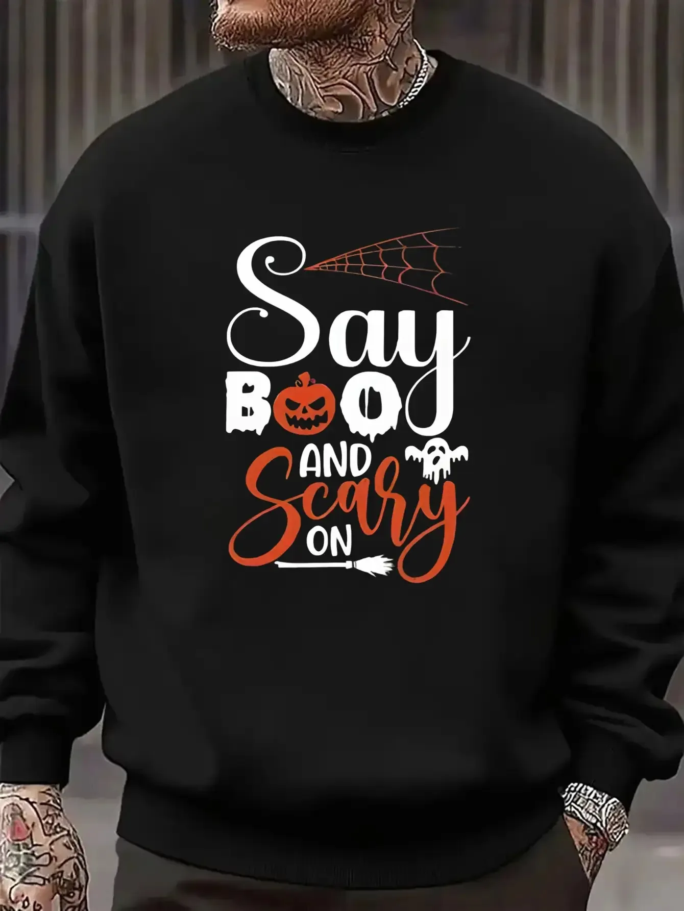 سترة سوداء للرجال برقبة دائرية للهالوين - سترة مطبوعة من Ghost "Boo" وSay Boo"، وخفاش، شبح وجاك أو لانت #1