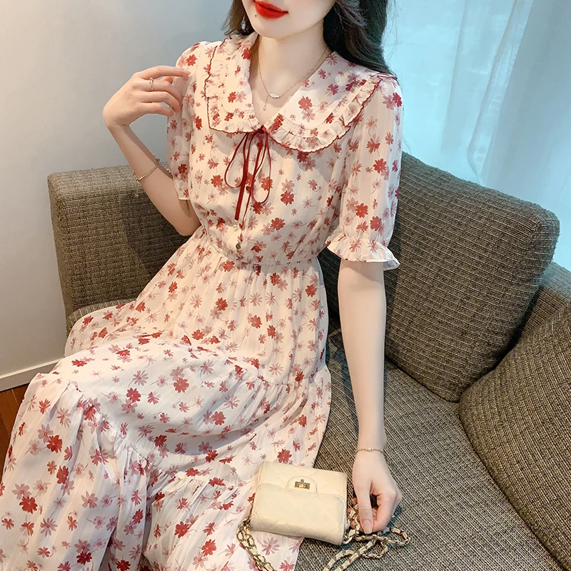 Ele Falda midi Dr Ladylike Sle Bell Sve de gasa con estampado floral de verano para mujer